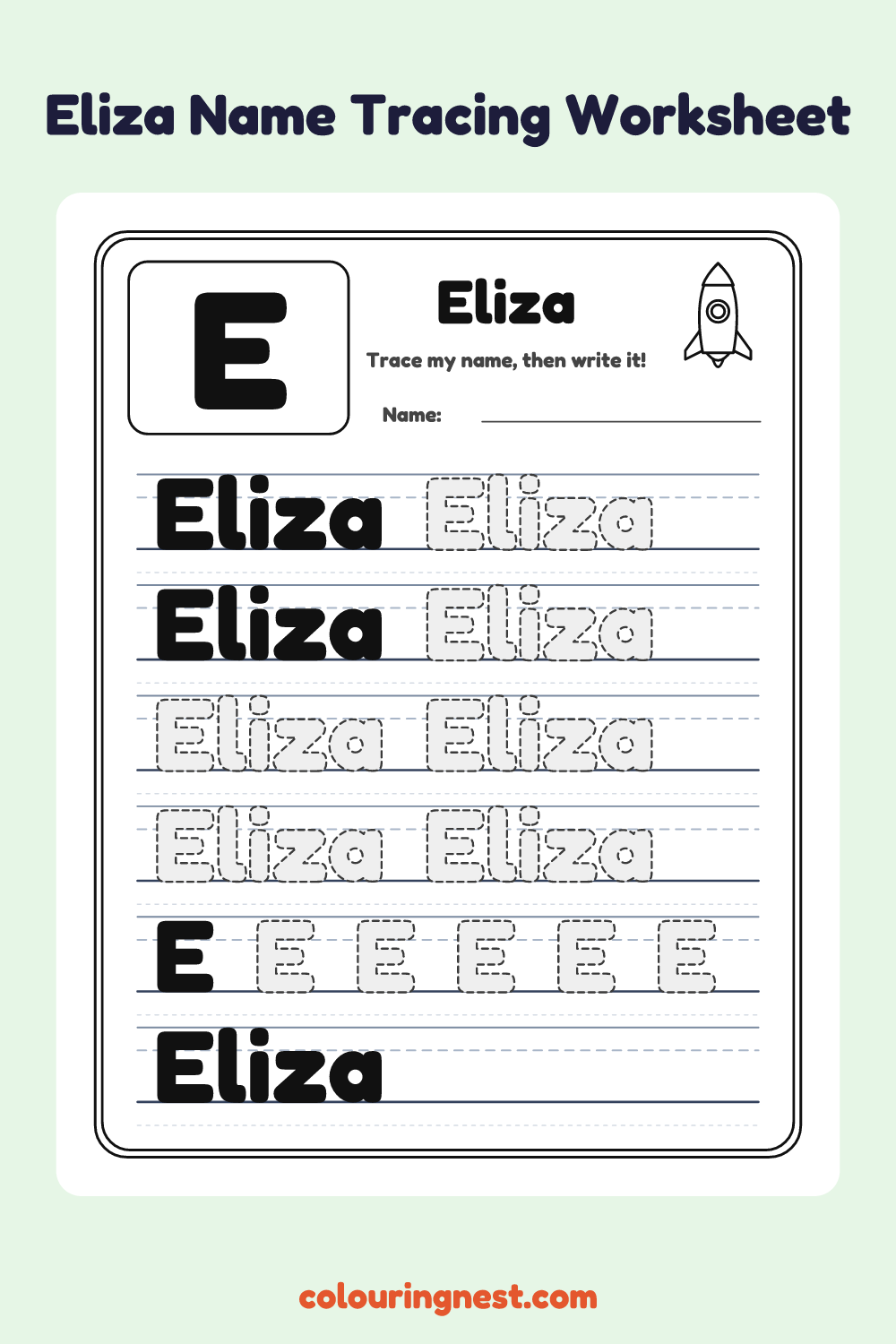 Eliza Name Tracing Worksheet: free printable black-and-white line art