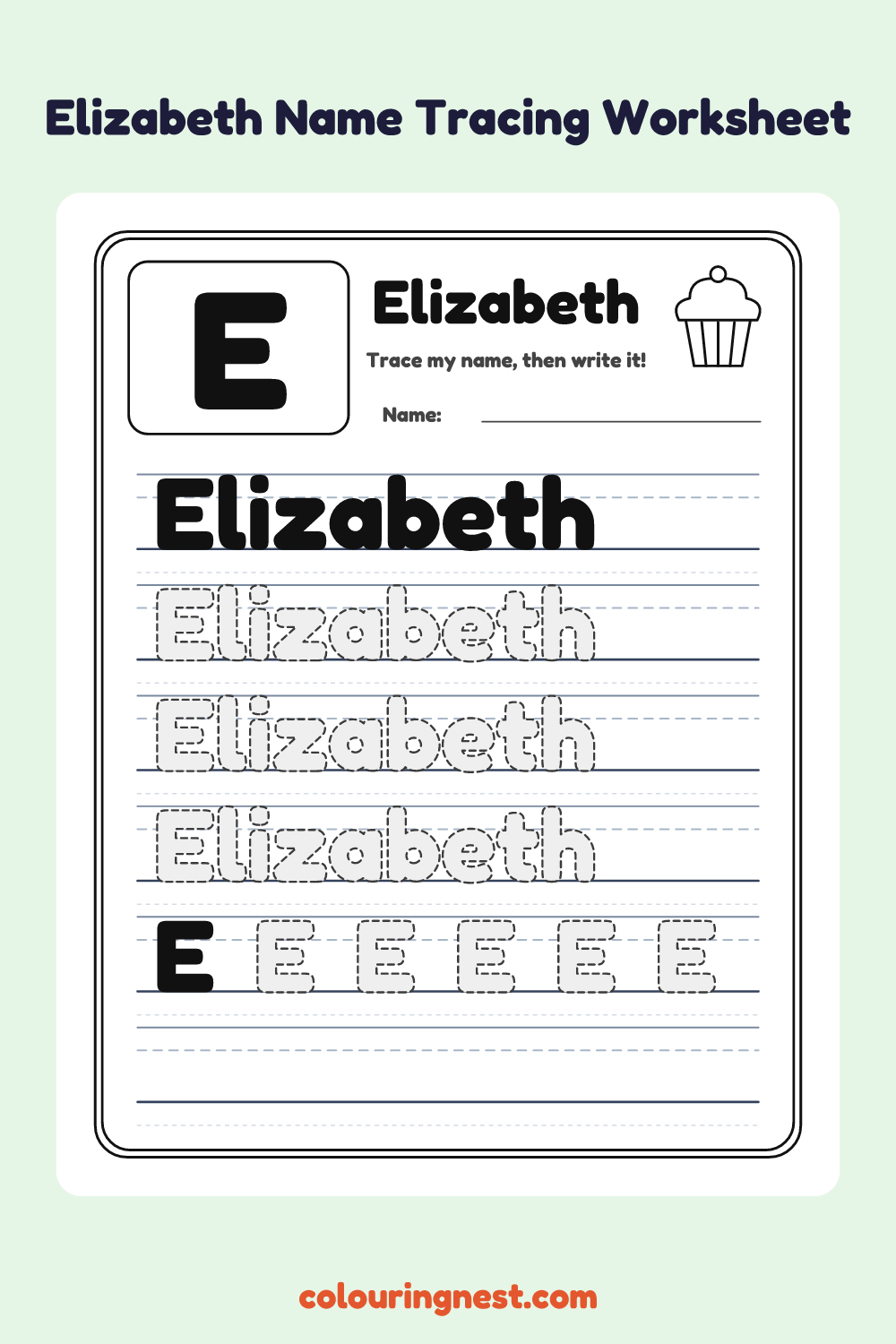 Elizabeth Name Tracing Worksheet: free printable black-and-white line art