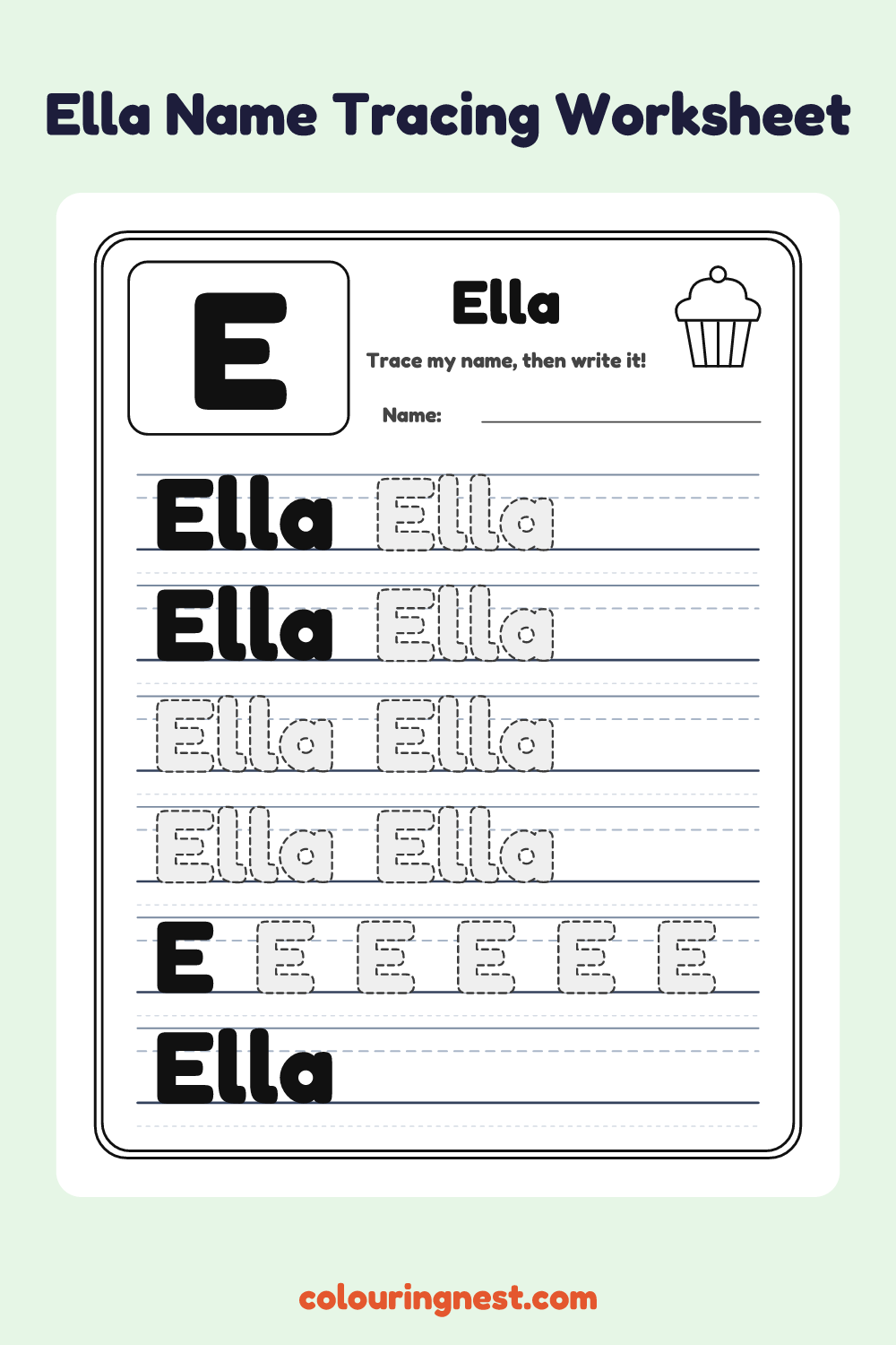Ella Name Tracing Worksheet: free printable black-and-white line art