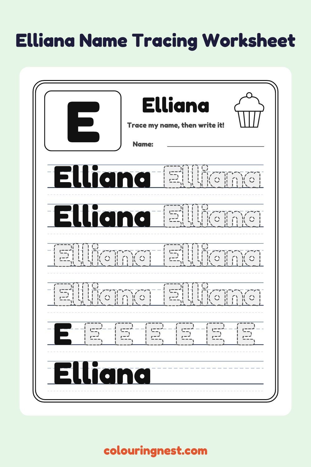 Elliana Name Tracing Worksheet: free printable black-and-white line art