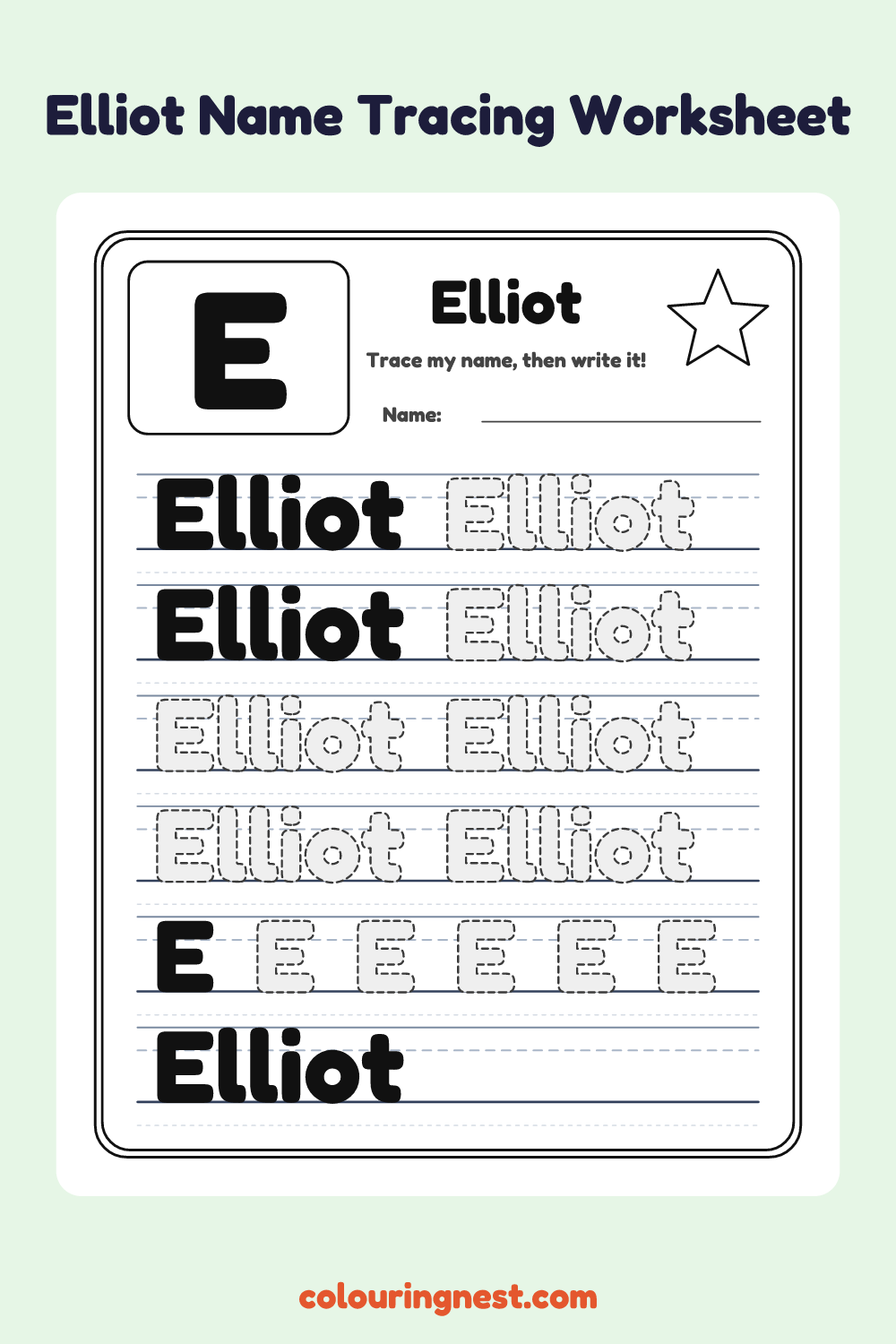 Elliot Name Tracing Worksheet: free printable black-and-white line art