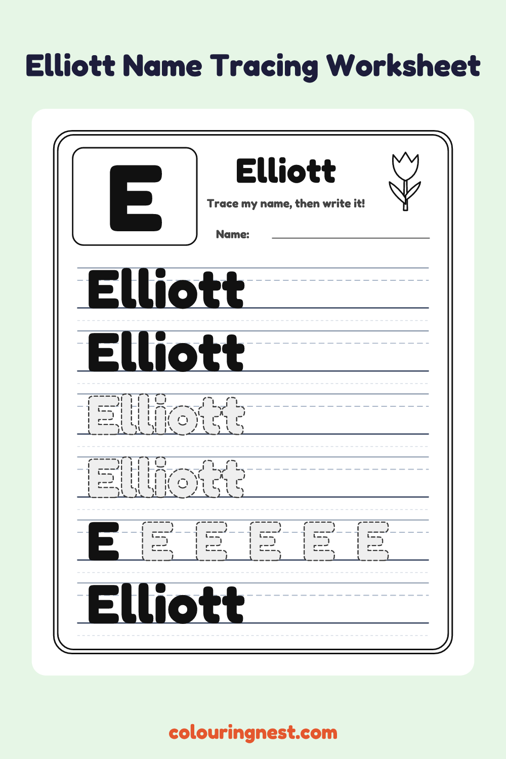 Elliott Name Tracing Worksheet: free printable black-and-white line art