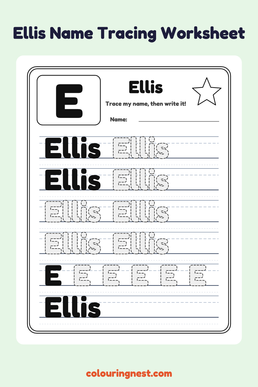 Ellis Name Tracing Worksheet: free printable black-and-white line art
