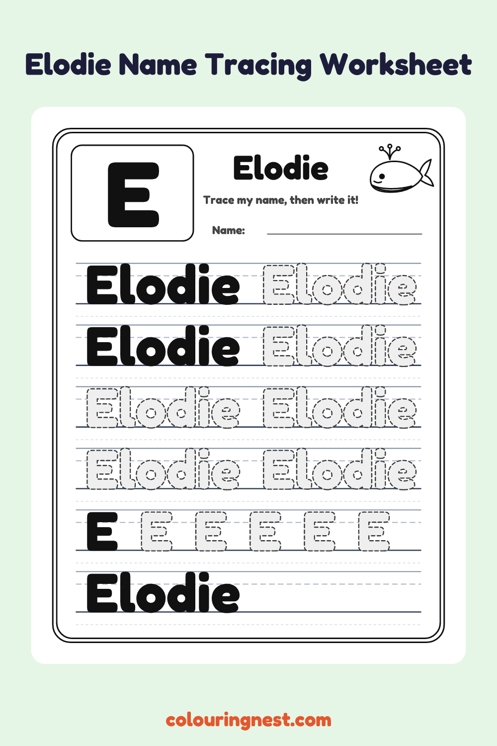 Elodie Name Tracing Worksheet: free printable black-and-white line art
