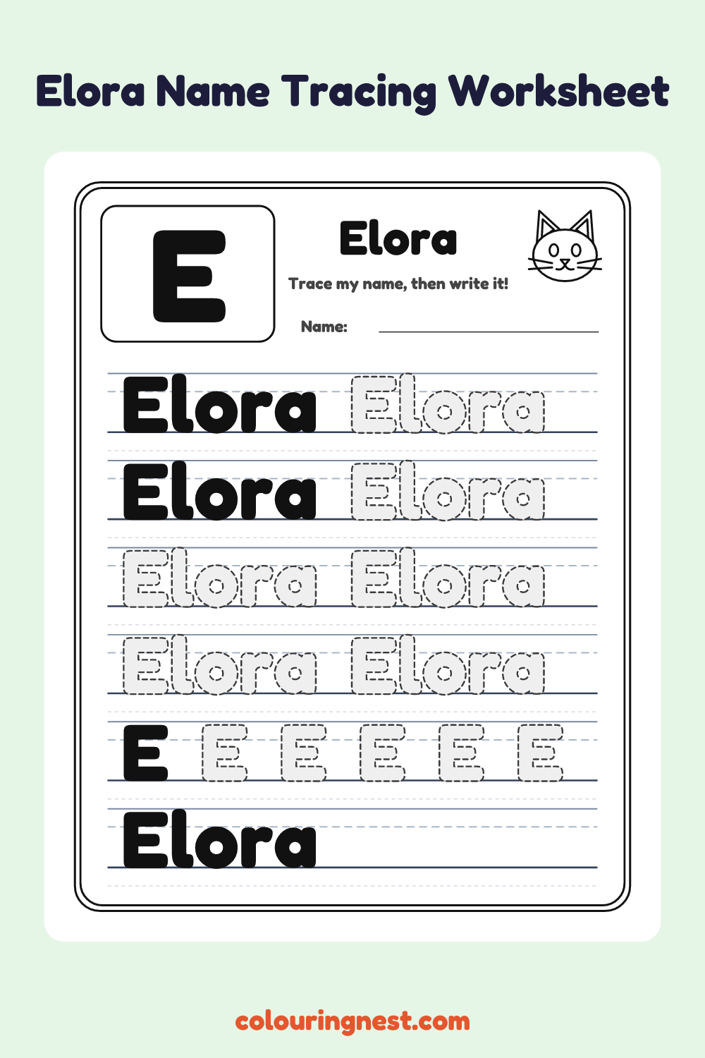 Elora Name Tracing Worksheet: free printable black-and-white line art