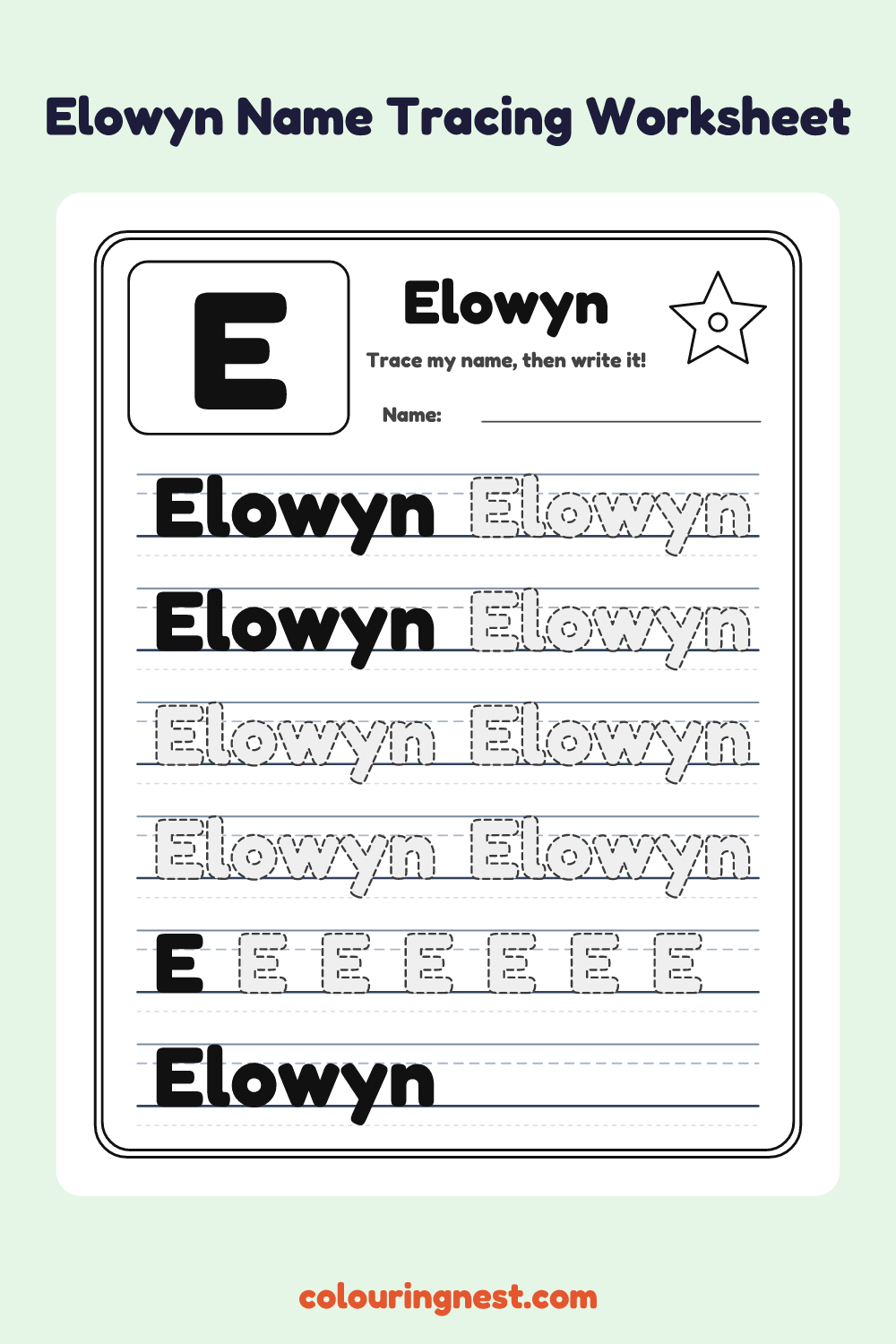 Elowyn Name Tracing Worksheet: free printable black-and-white line art