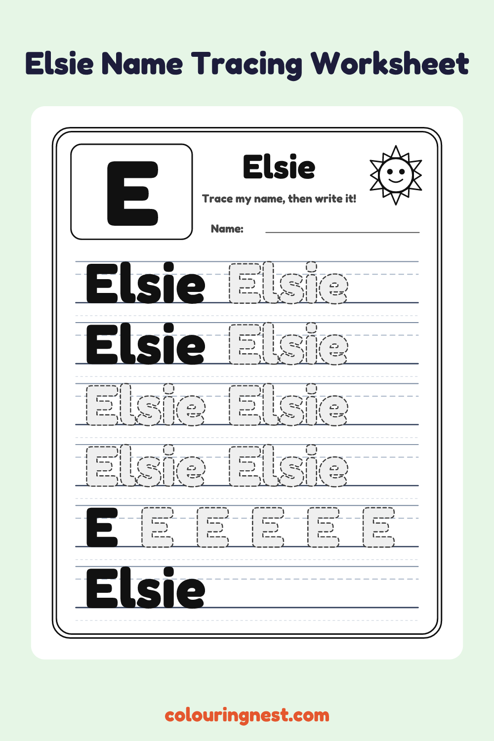 Elsie Name Tracing Worksheet: free printable black-and-white line art