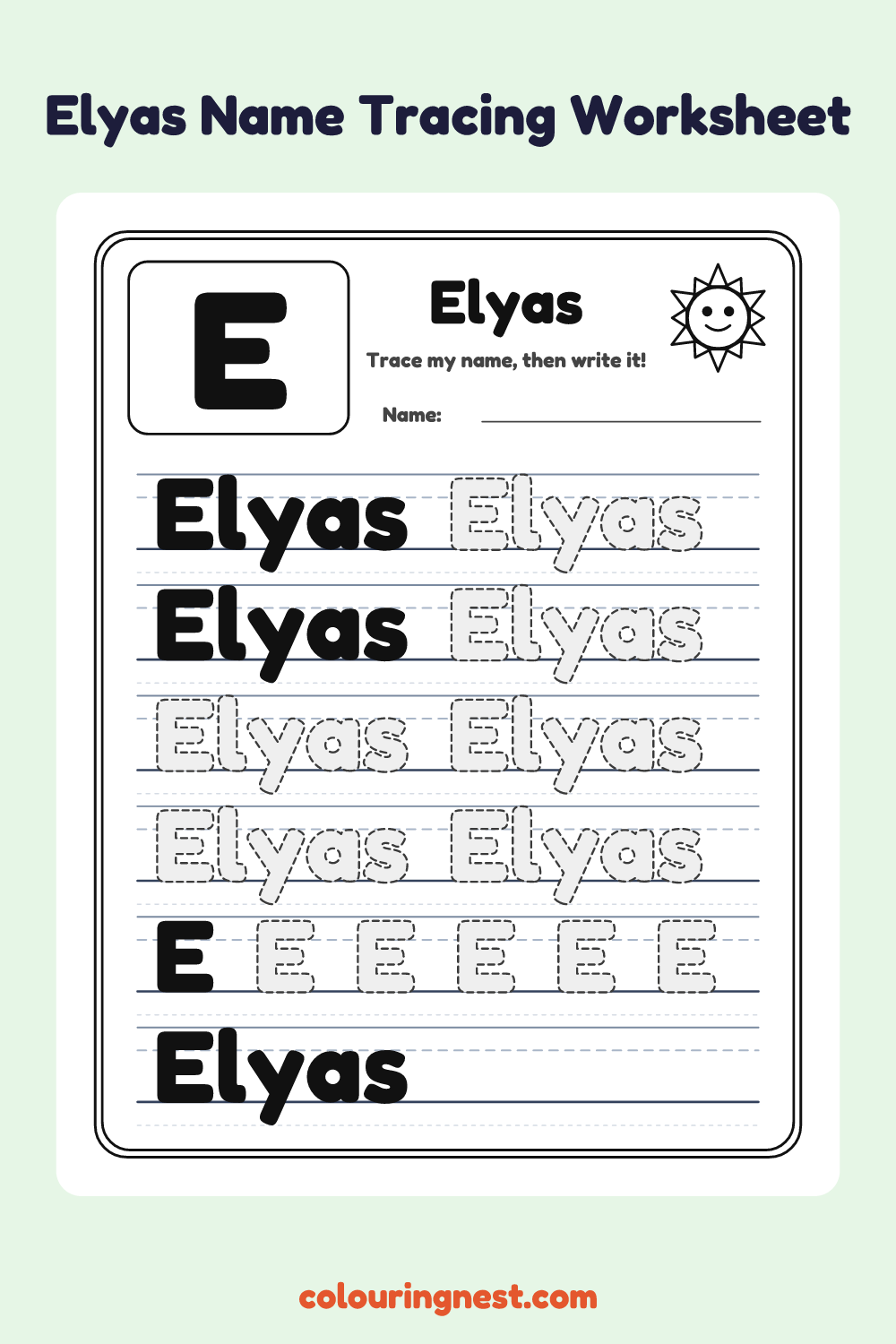 Elyas Name Tracing Worksheet: free printable black-and-white line art