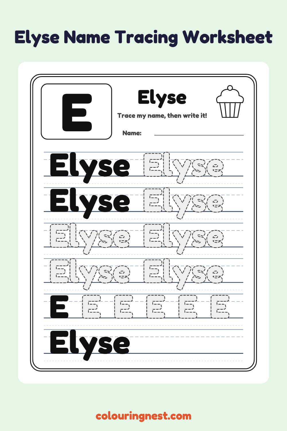 Elyse Name Tracing Worksheet: free printable black-and-white line art