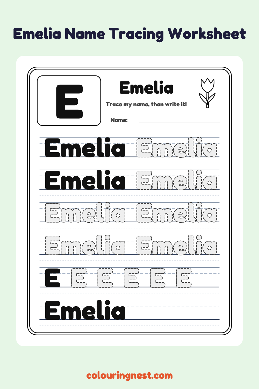 Emelia Name Tracing Worksheet: free printable black-and-white line art