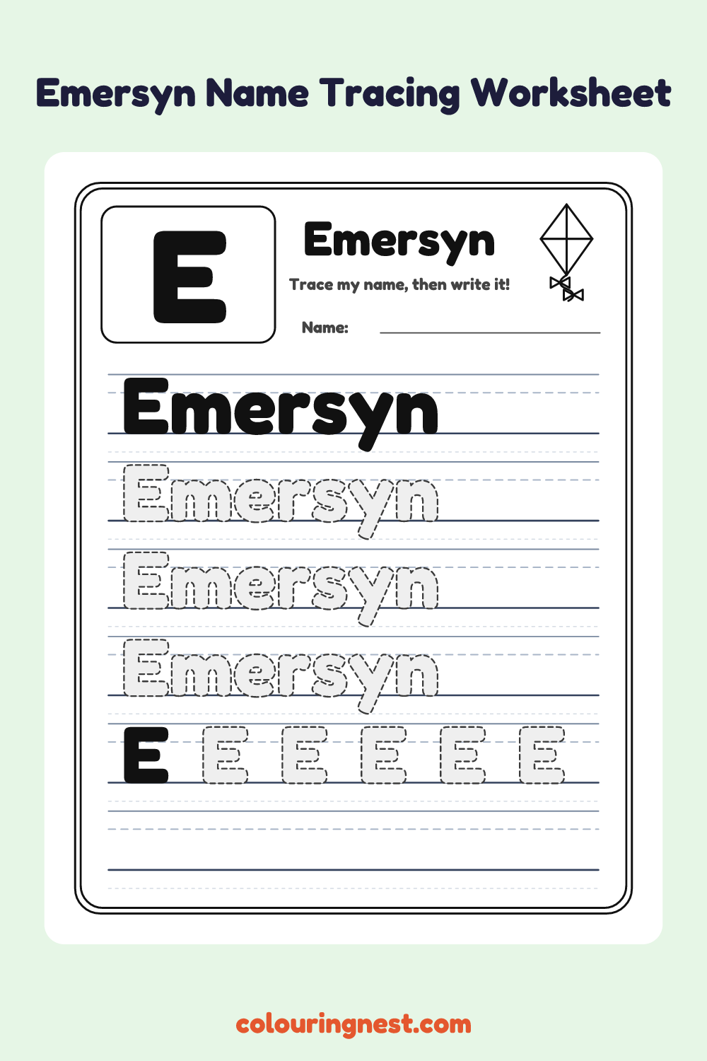 Emersyn Name Tracing Worksheet: free printable black-and-white line art