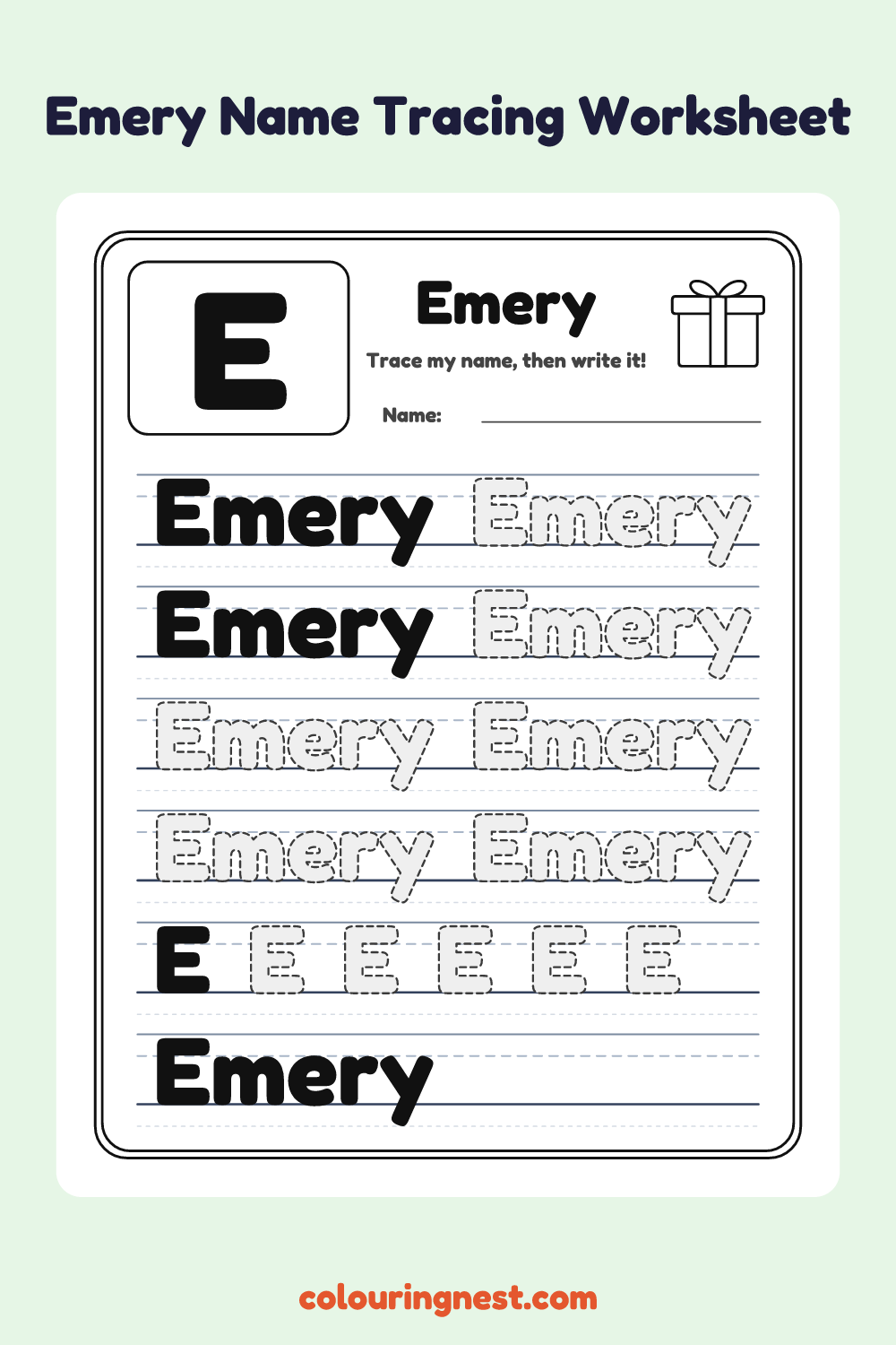 Emery Name Tracing Worksheet: free printable black-and-white line art
