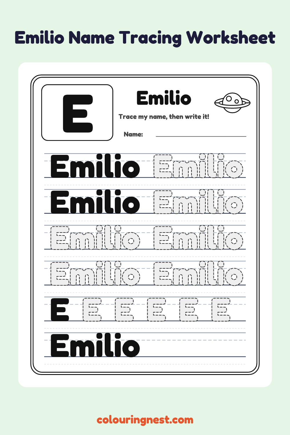 Emilio Name Tracing Worksheet: free printable black-and-white line art