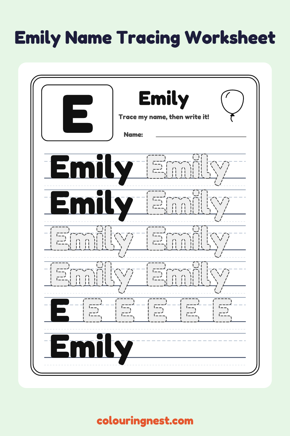 Emily Name Tracing Worksheet: free printable black-and-white line art