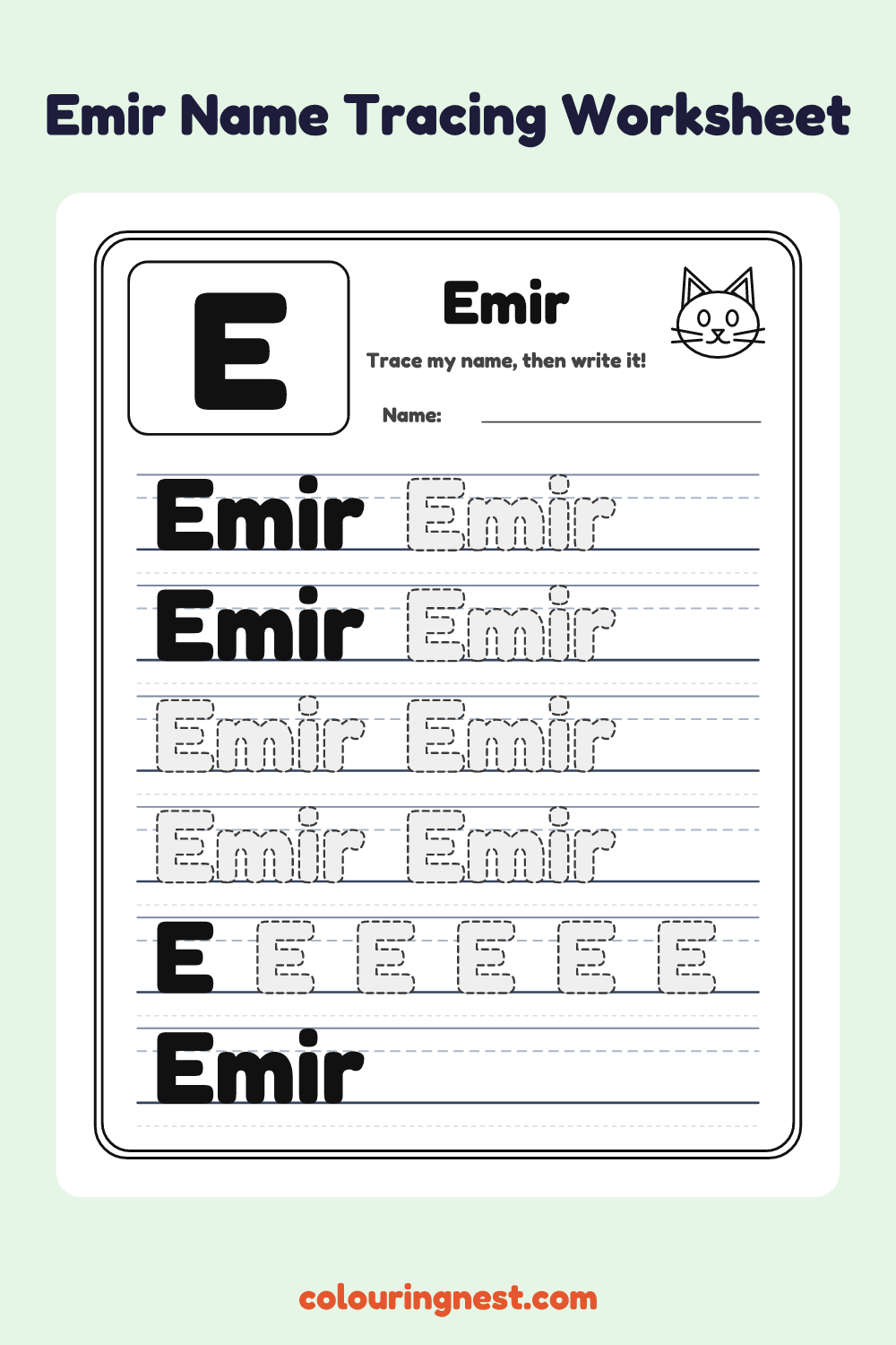Emir Name Tracing Worksheet: free printable black-and-white line art