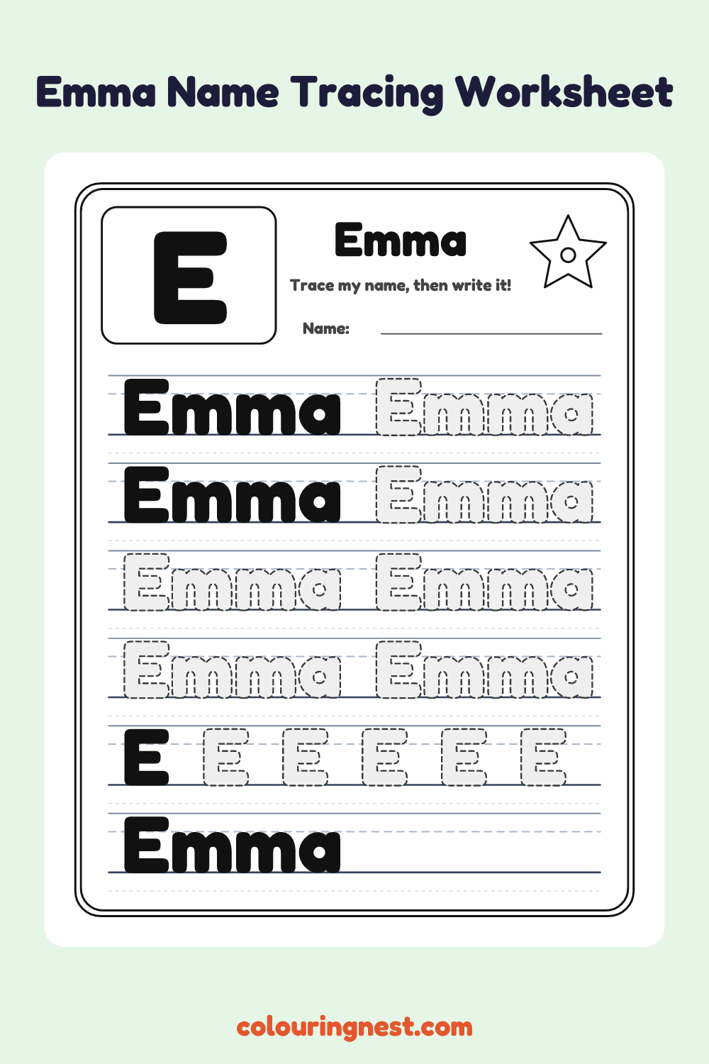 Emma Name Tracing Worksheet: free printable black-and-white line art