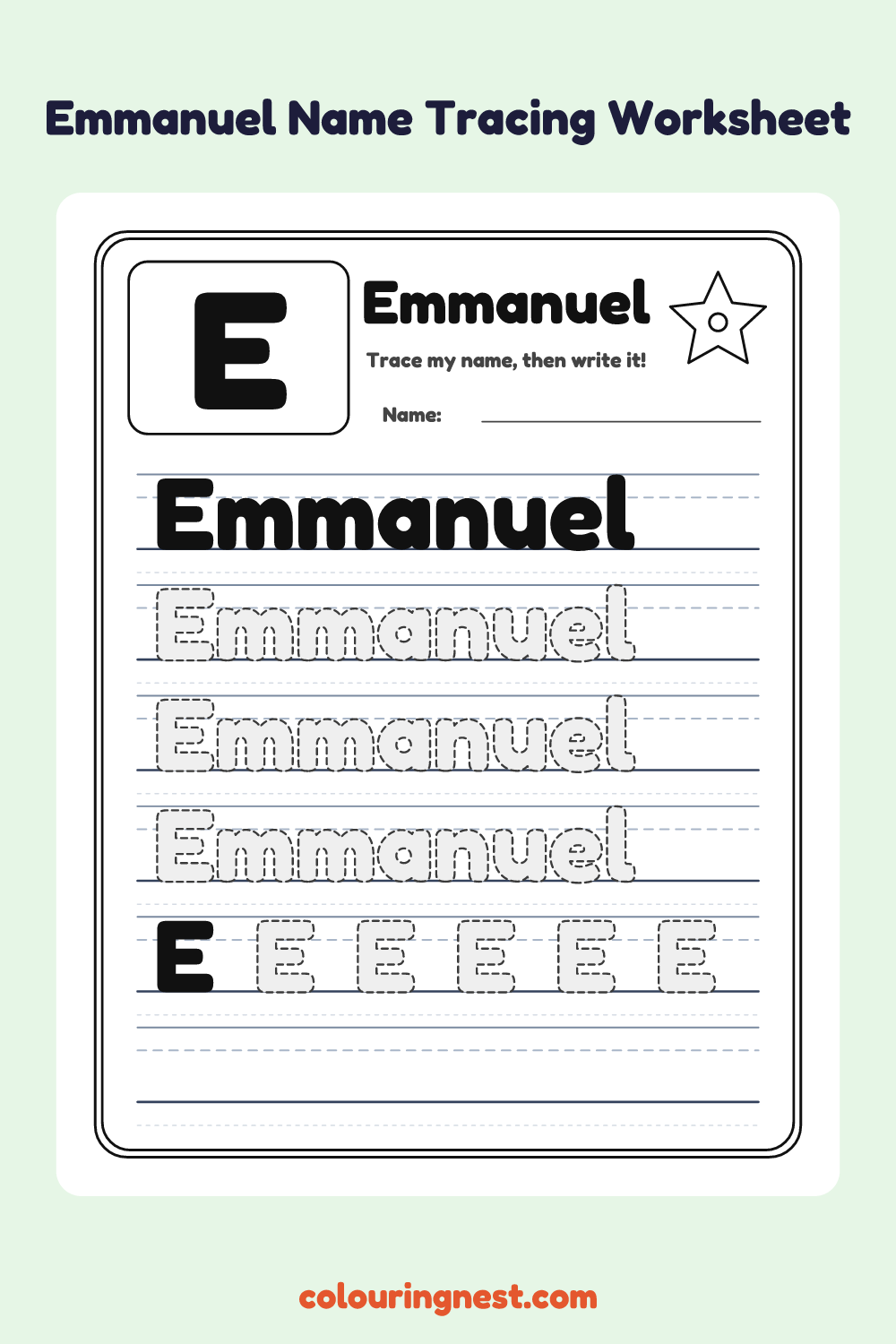 Emmanuel Name Tracing Worksheet: free printable black-and-white line art