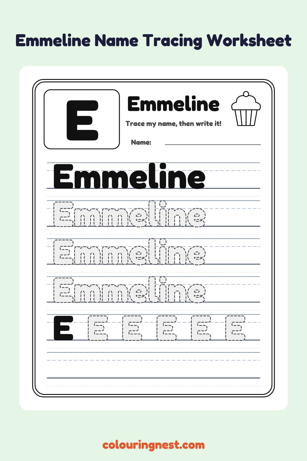 Emmeline Name Tracing Worksheet: free printable black-and-white line art