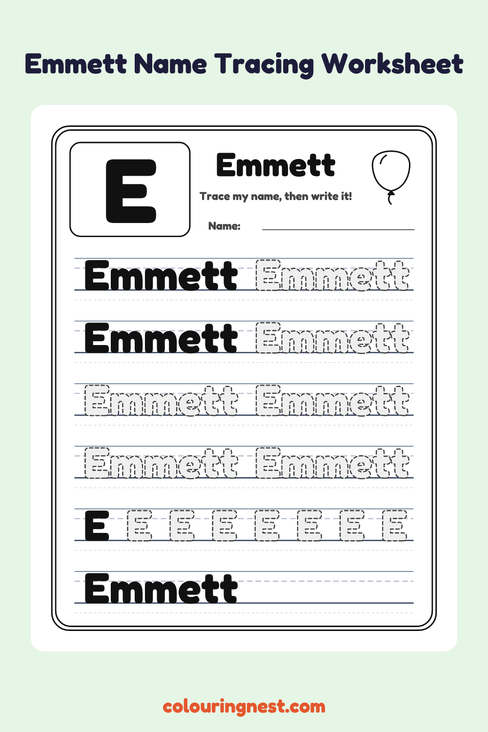 Emmett Name Tracing Worksheet: free printable black-and-white line art