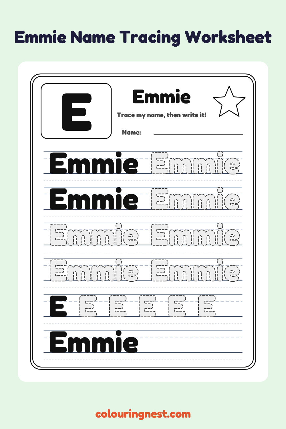 Emmie Name Tracing Worksheet: free printable black-and-white line art