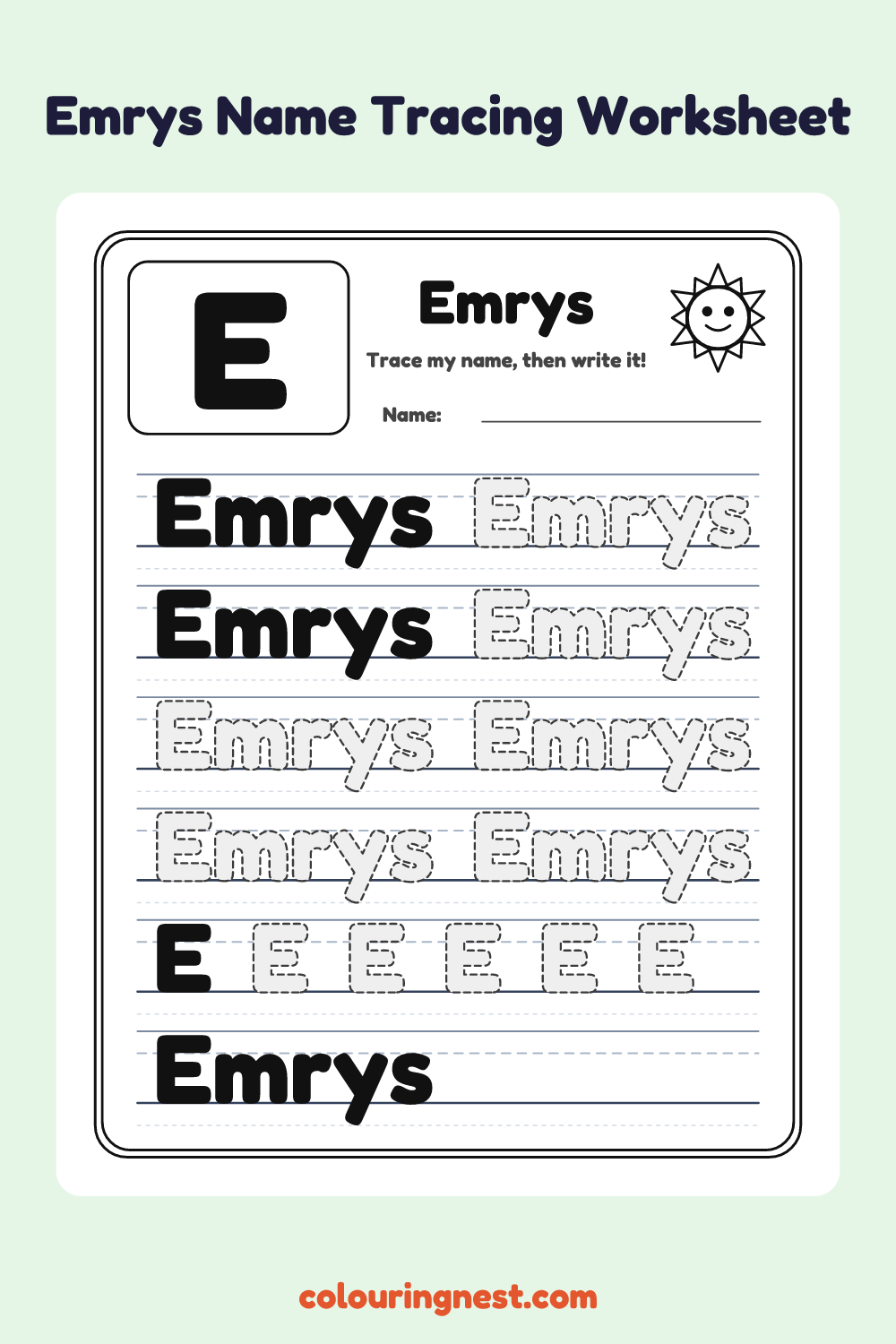 Emrys Name Tracing Worksheet: free printable black-and-white line art