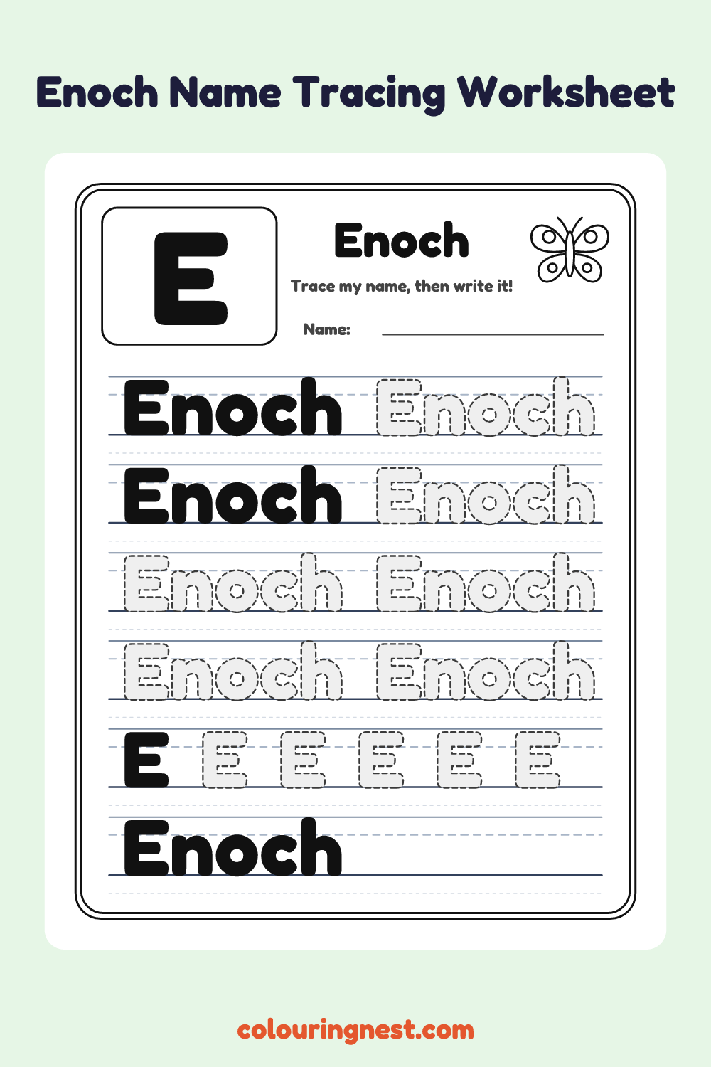 Enoch Name Tracing Worksheet: free printable black-and-white line art