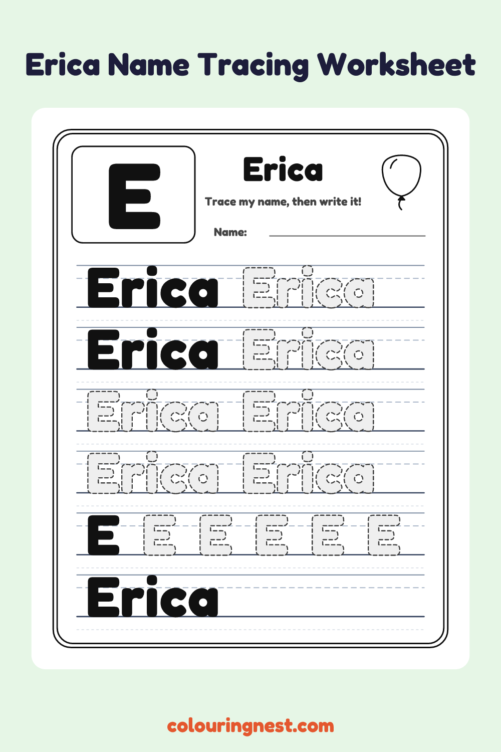 Erica Name Tracing Worksheet: free printable black-and-white line art