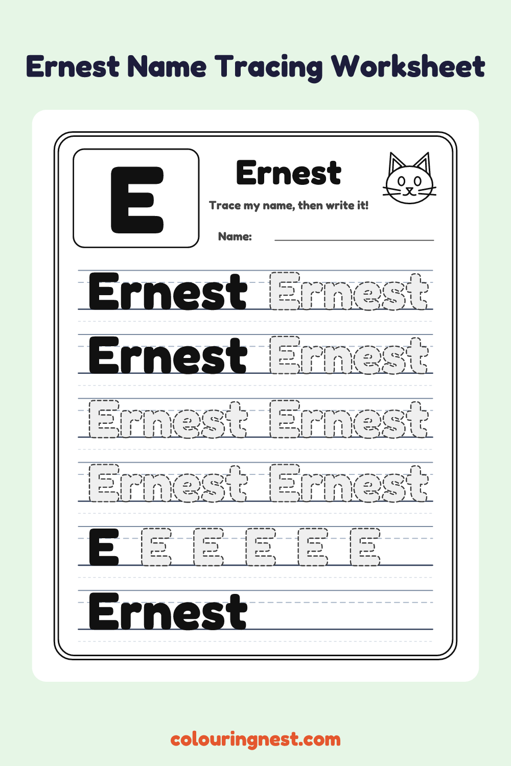 Ernest Name Tracing Worksheet: free printable black-and-white line art