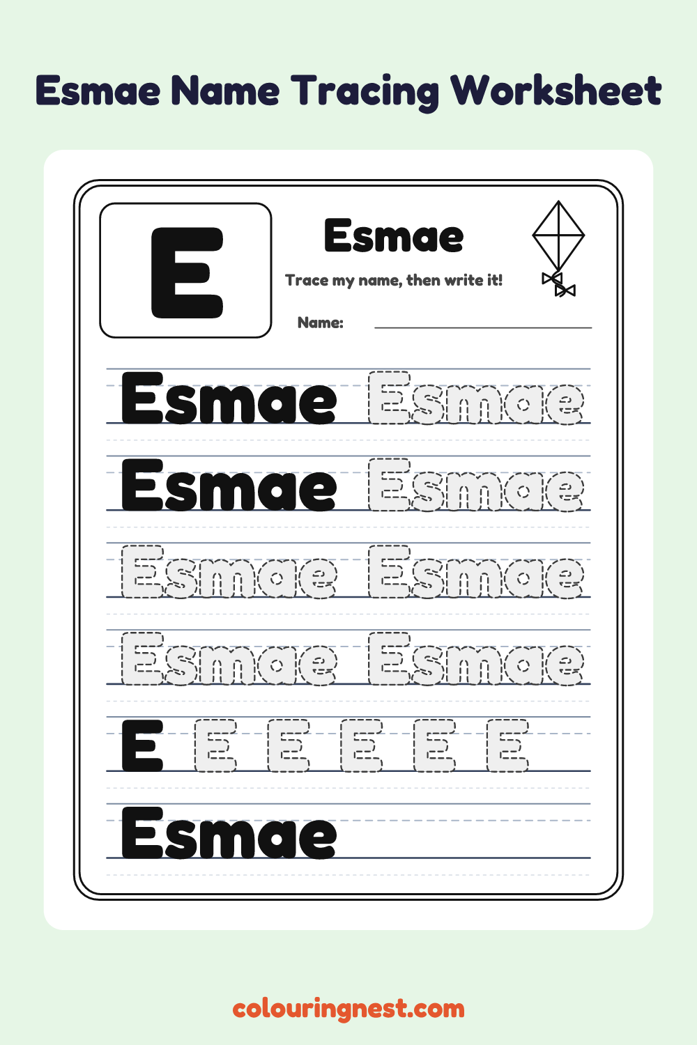 Esmae Name Tracing Worksheet: free printable black-and-white line art