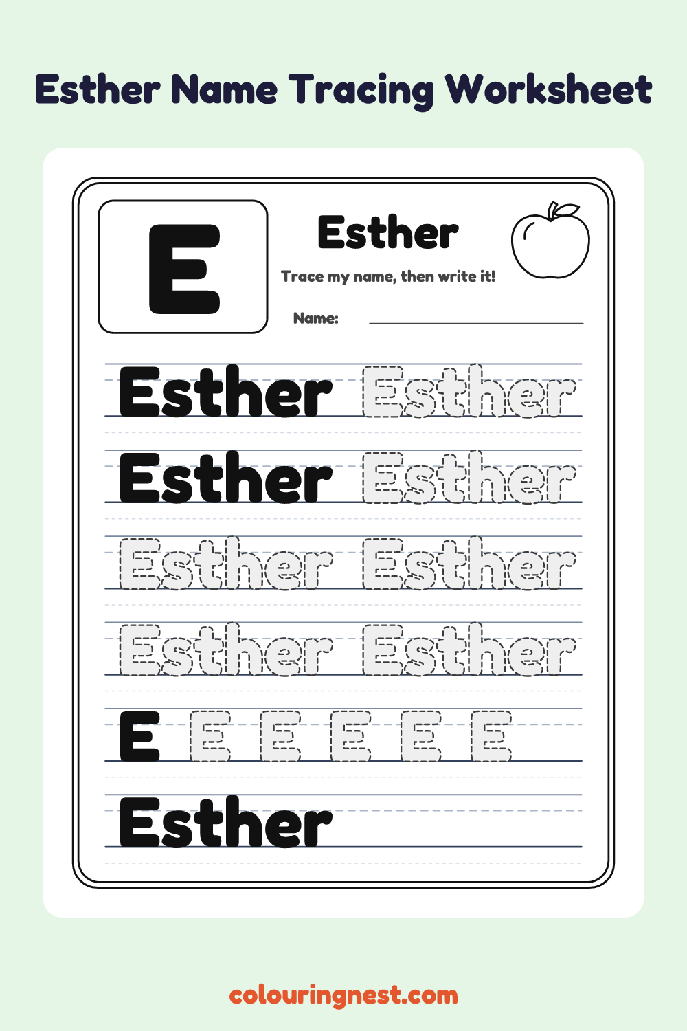 Esther Name Tracing Worksheet: free printable black-and-white line art