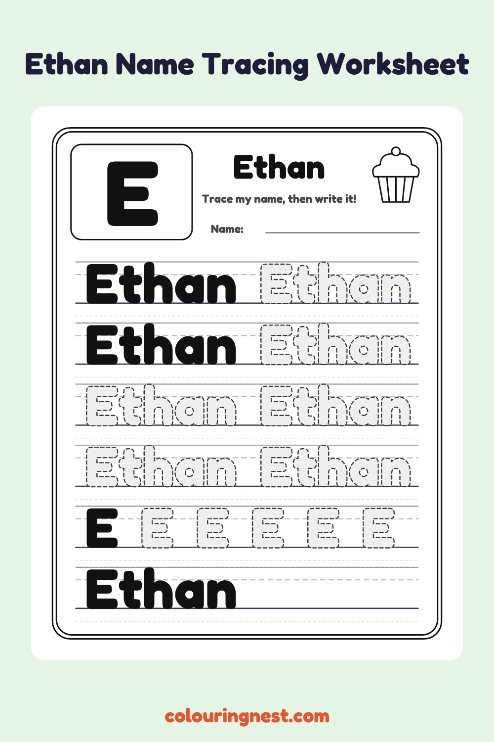 Ethan Name Tracing Worksheet: free printable black-and-white line art
