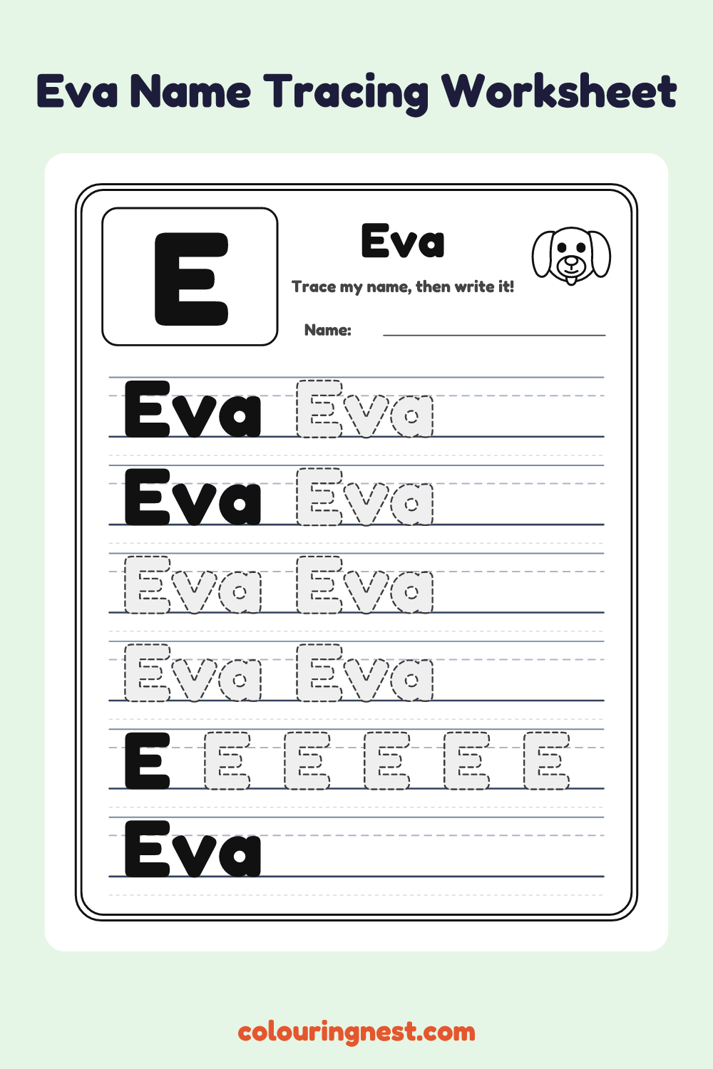 Eva Name Tracing Worksheet: free printable black-and-white line art