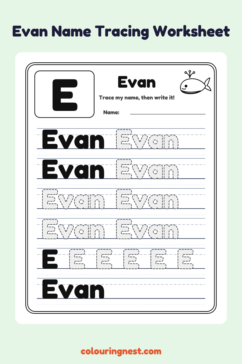 Evan Name Tracing Worksheet: free printable black-and-white line art