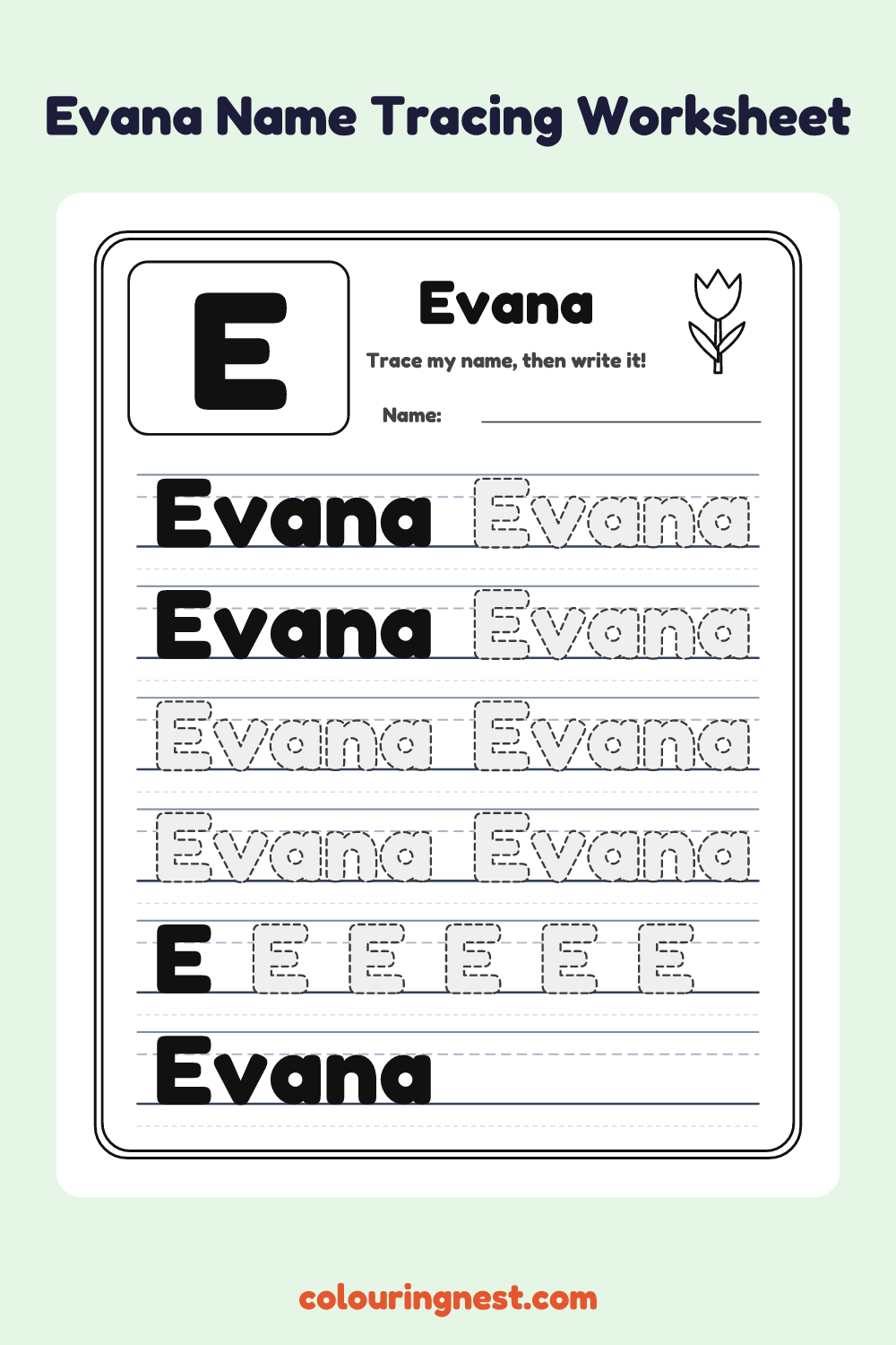 Evana Name Tracing Worksheet: free printable black-and-white line art