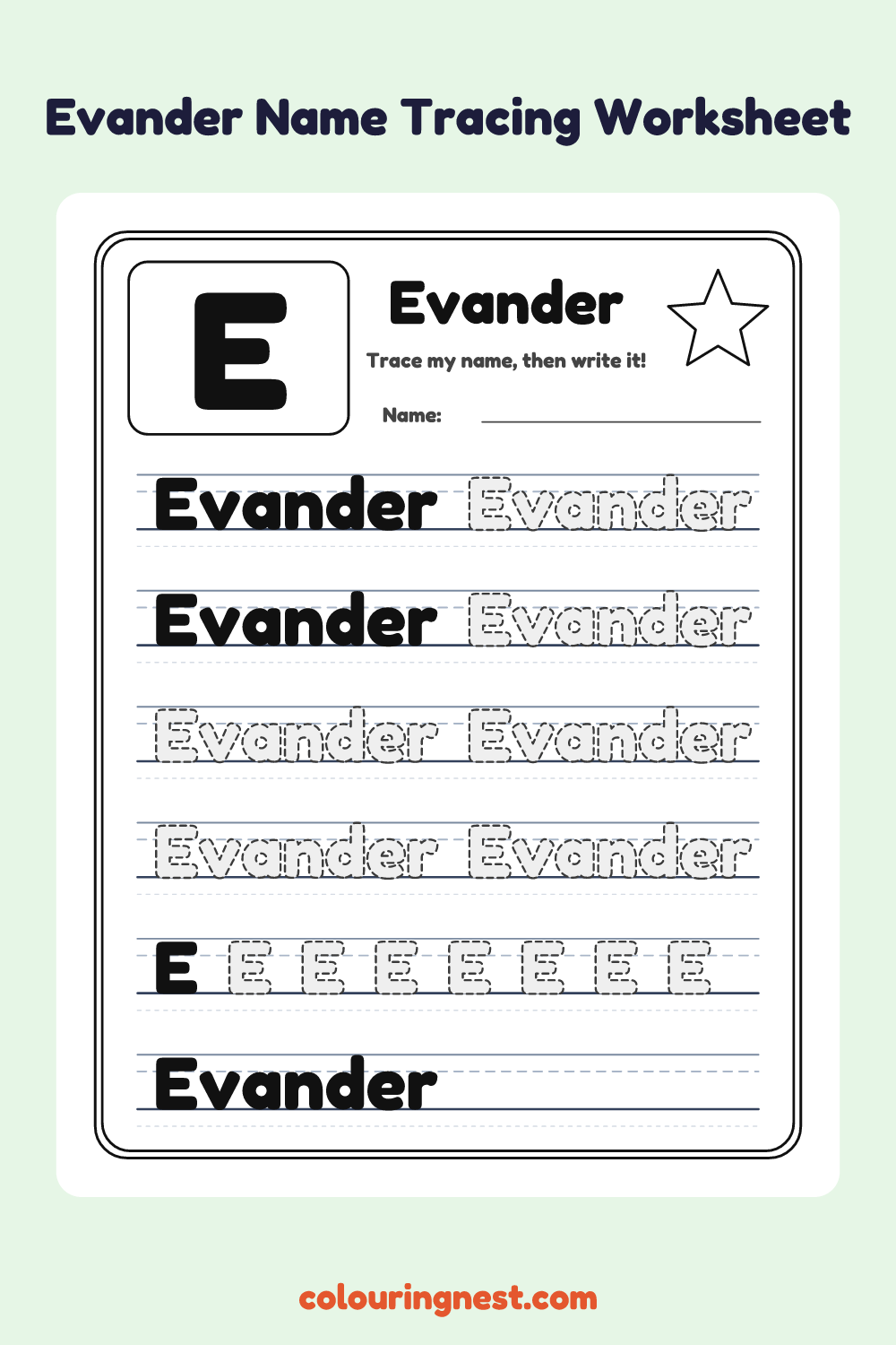 Evander Name Tracing Worksheet: free printable black-and-white line art