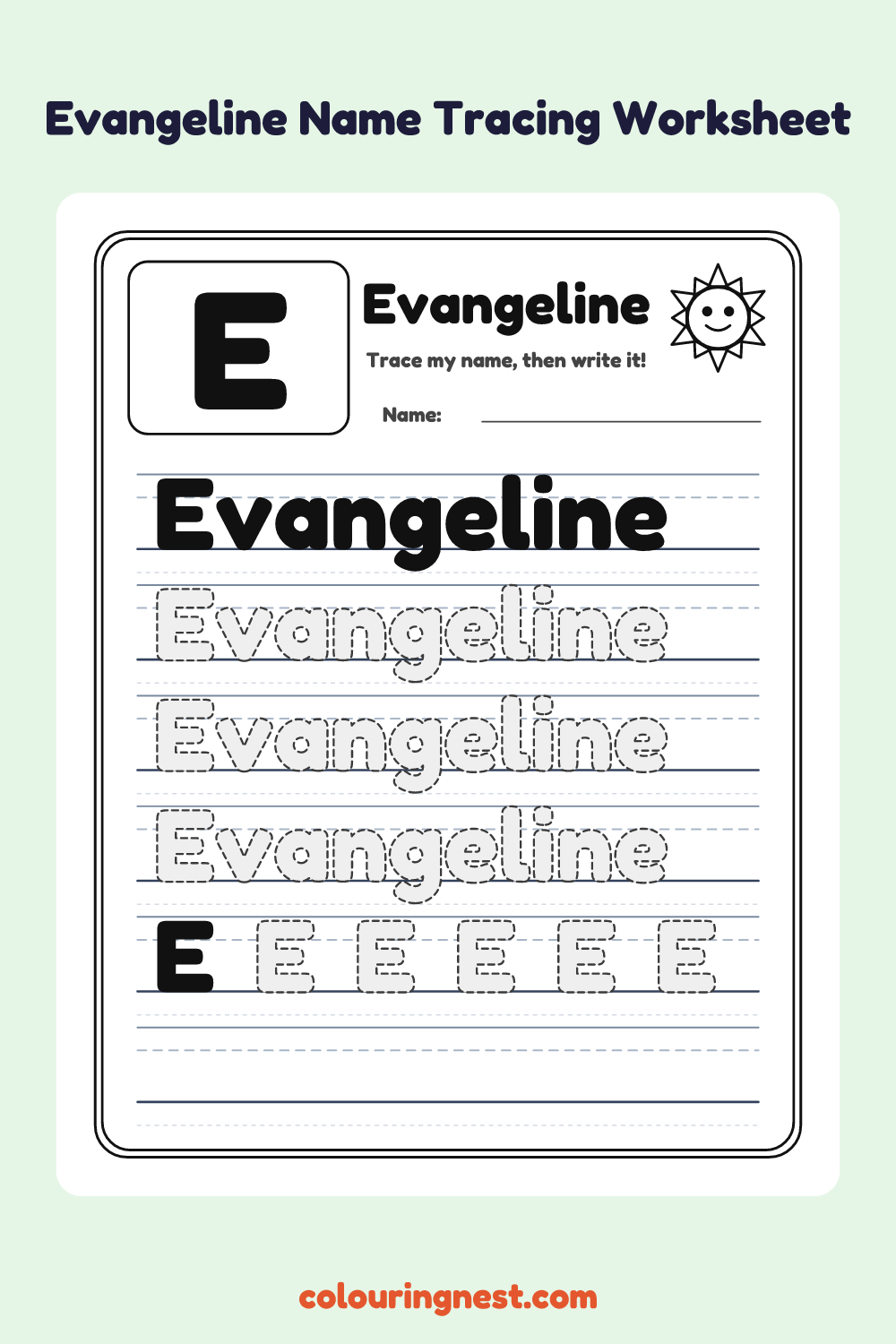 Evangeline Name Tracing Worksheet: free printable black-and-white line art