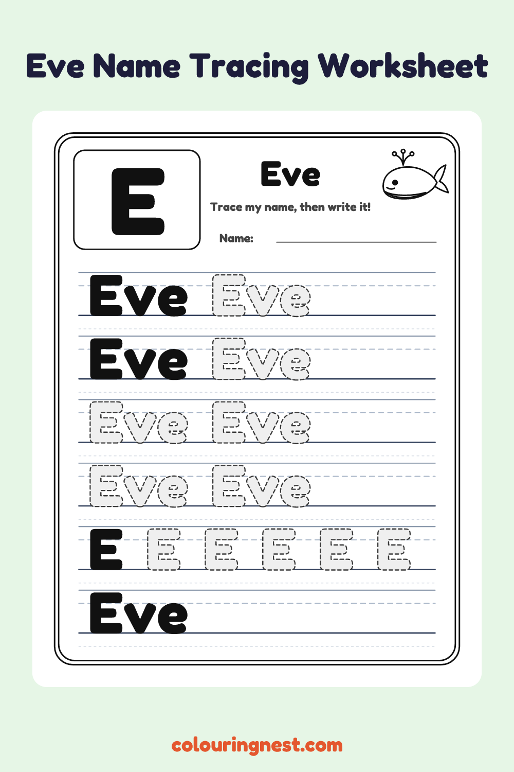 Eve Name Tracing Worksheet: free printable black-and-white line art