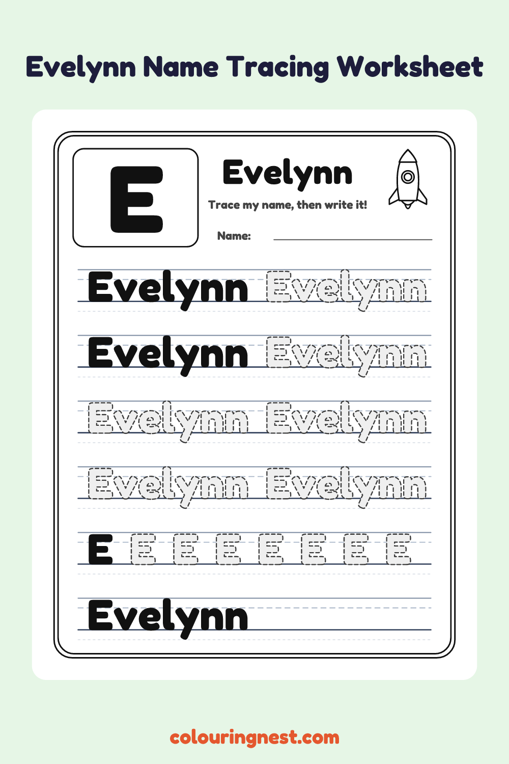 Evelynn Name Tracing Worksheet: free printable black-and-white line art