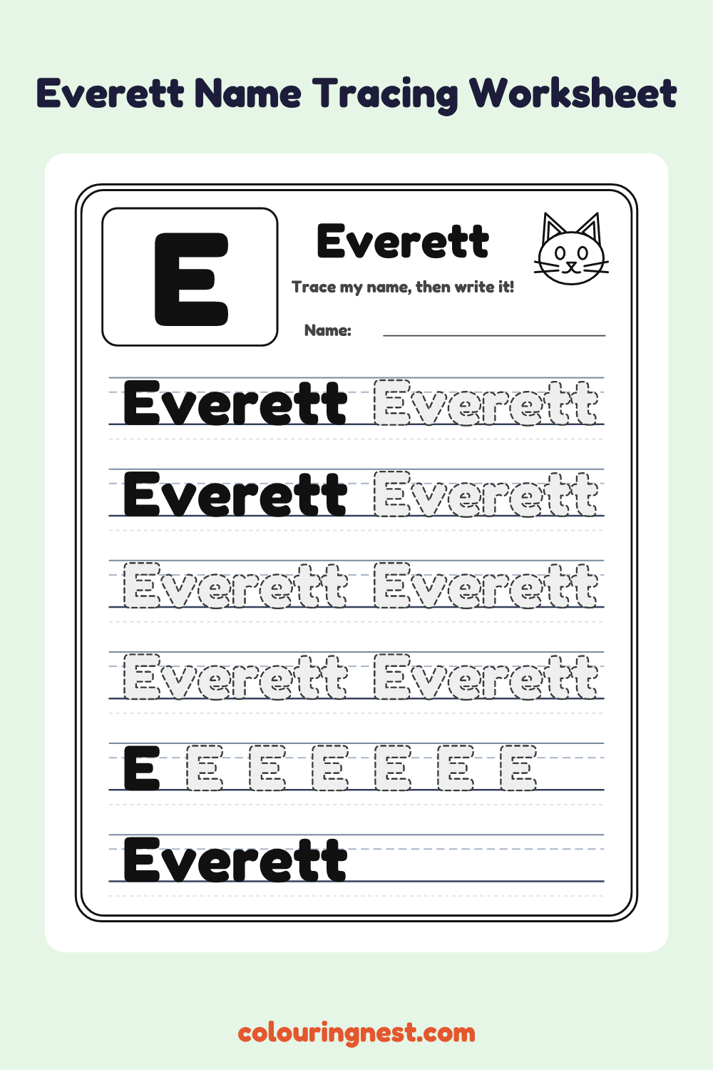 Everett Name Tracing Worksheet: free printable black-and-white line art