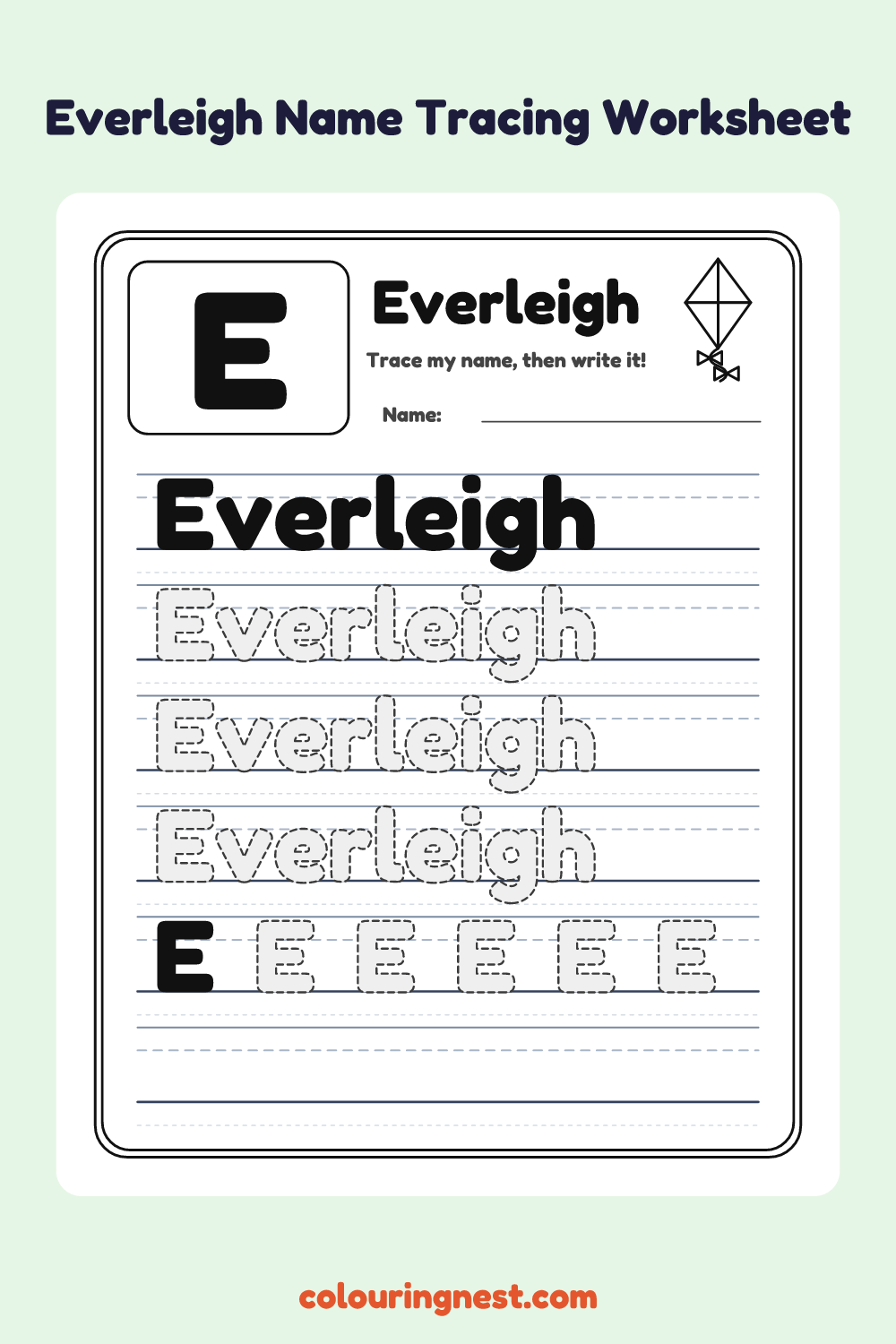 Everleigh Name Tracing Worksheet: free printable black-and-white line art