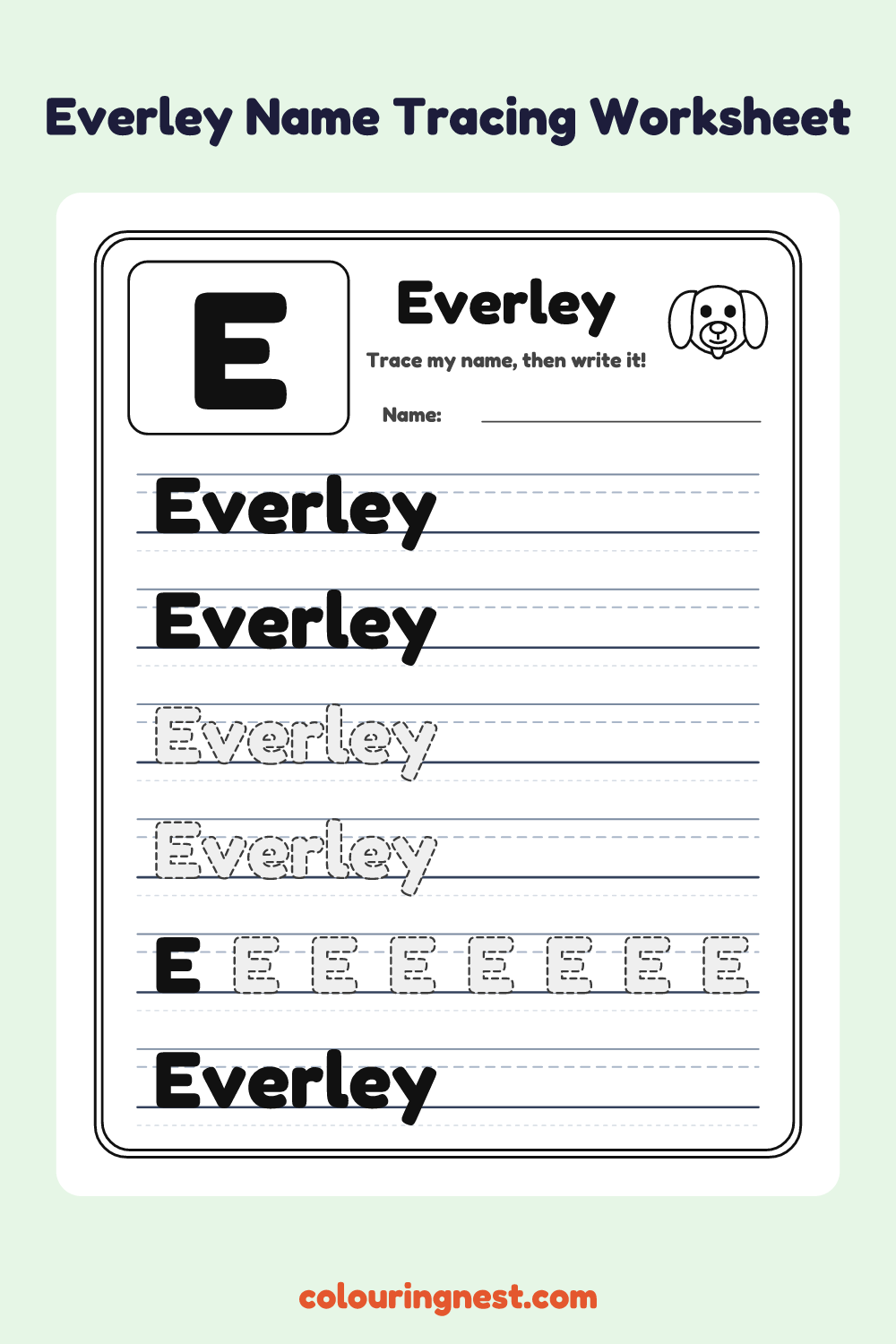 Everley Name Tracing Worksheet: free printable black-and-white line art