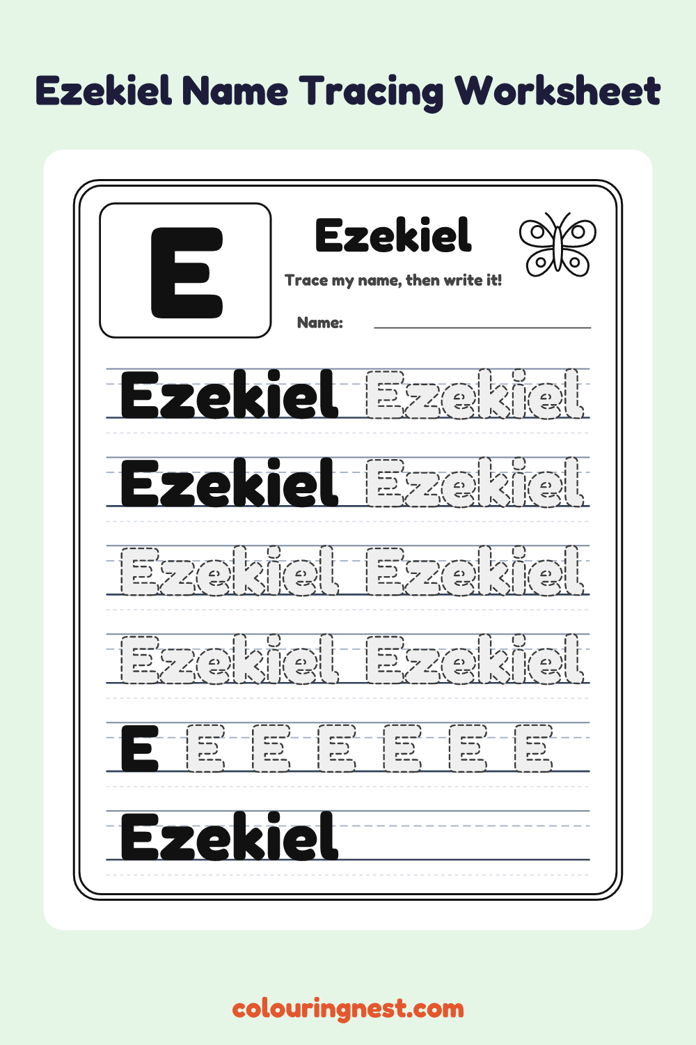 Ezekiel Name Tracing Worksheet: free printable black-and-white line art