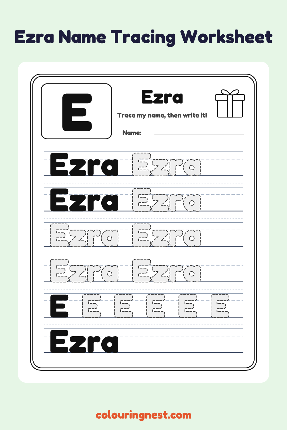 Ezra Name Tracing Worksheet: free printable black-and-white line art