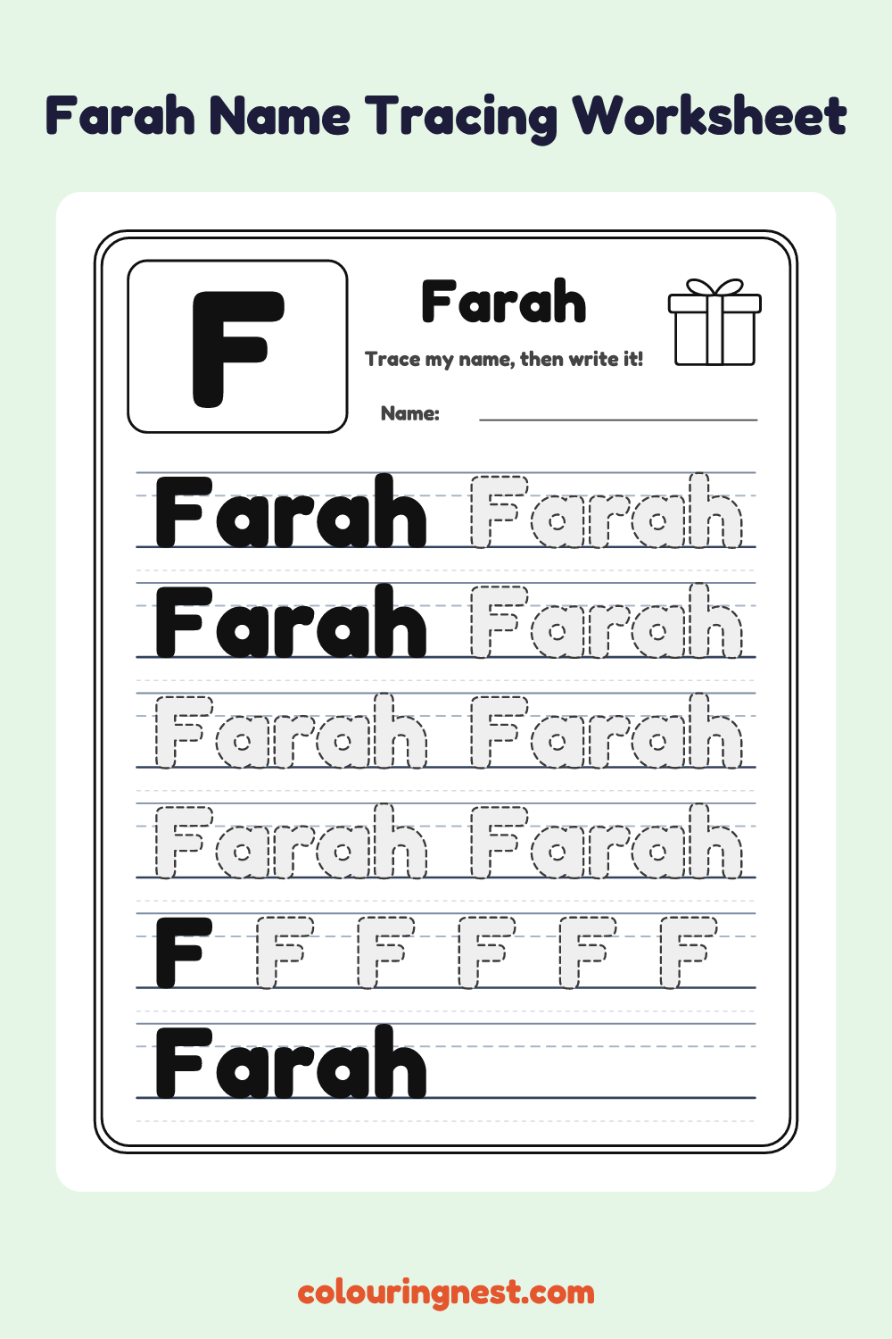 Farah Name Tracing Worksheet: free printable black-and-white line art