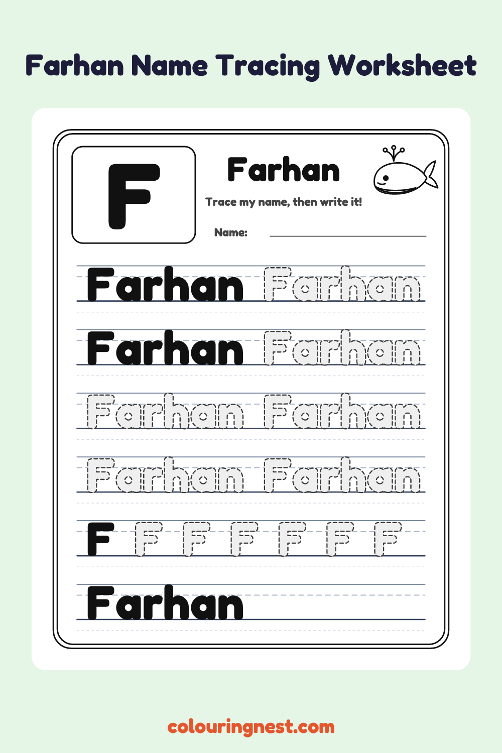 Farhan Name Tracing Worksheet: free printable black-and-white line art