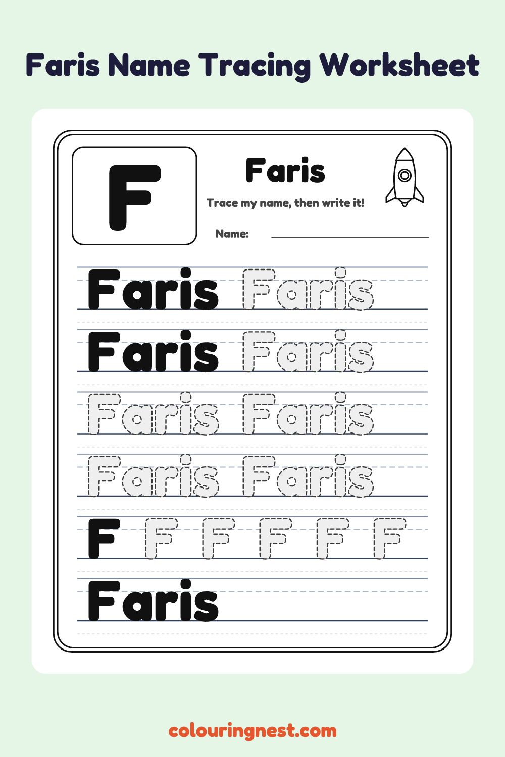 Faris Name Tracing Worksheet: free printable black-and-white line art