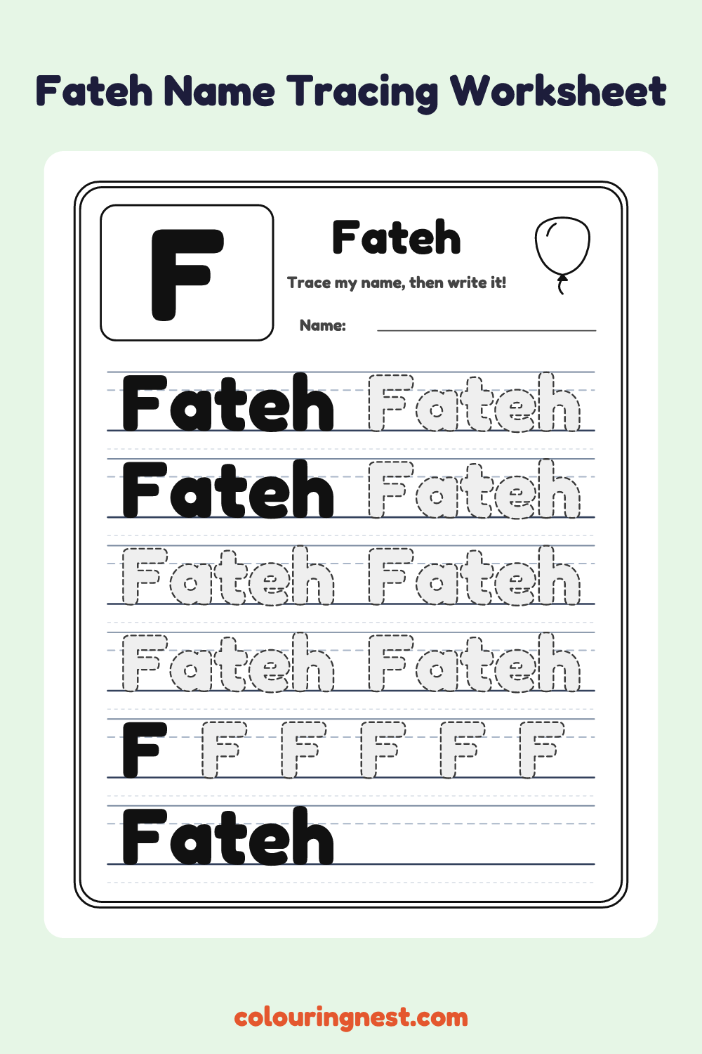 Fateh Name Tracing Worksheet: free printable black-and-white line art