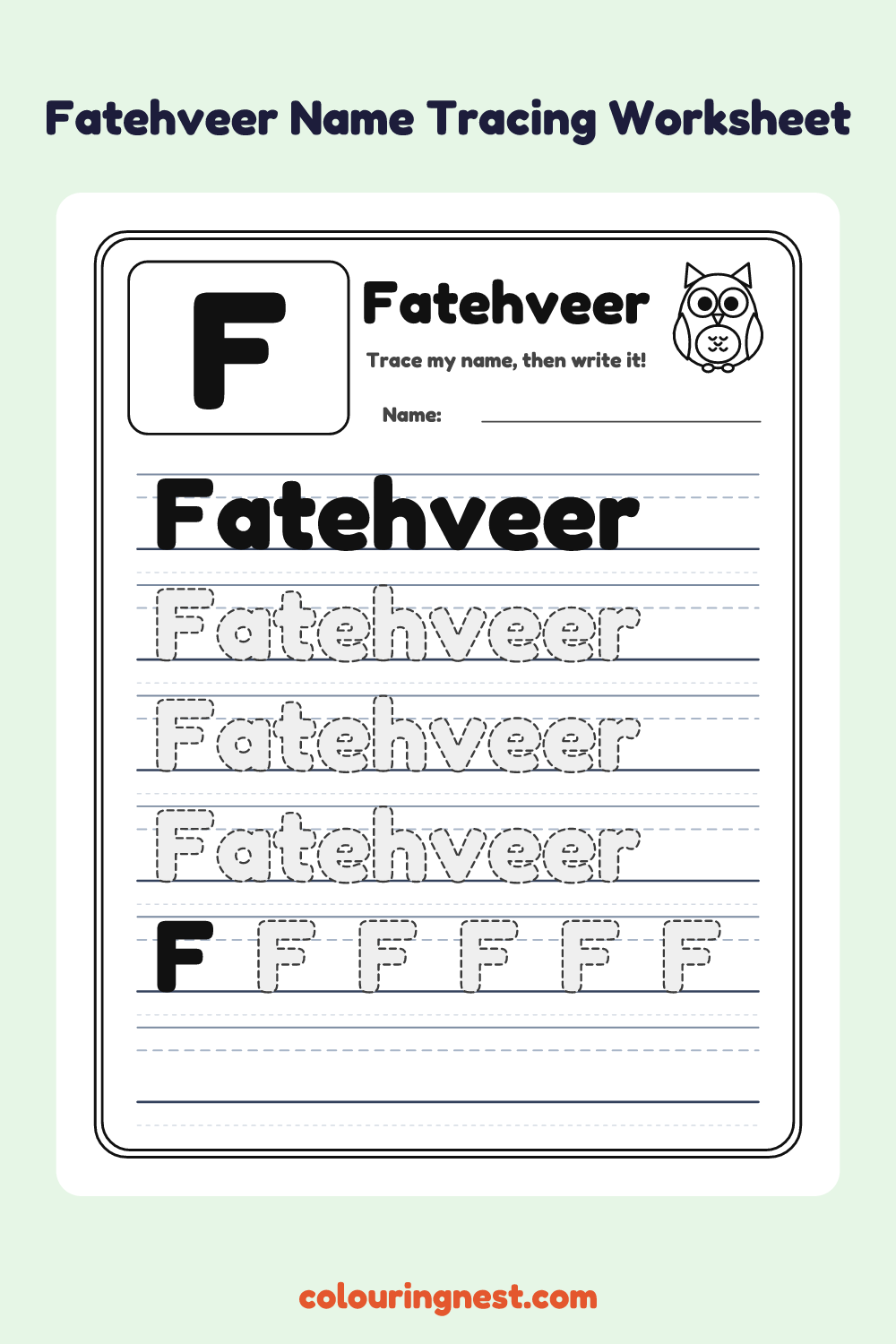 Fatehveer Name Tracing Worksheet: free printable black-and-white line art