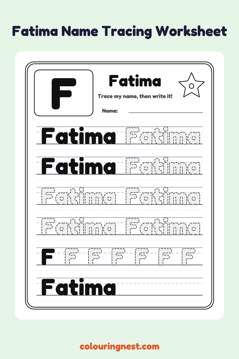 Fatima Name Tracing Worksheet: free printable black-and-white line art