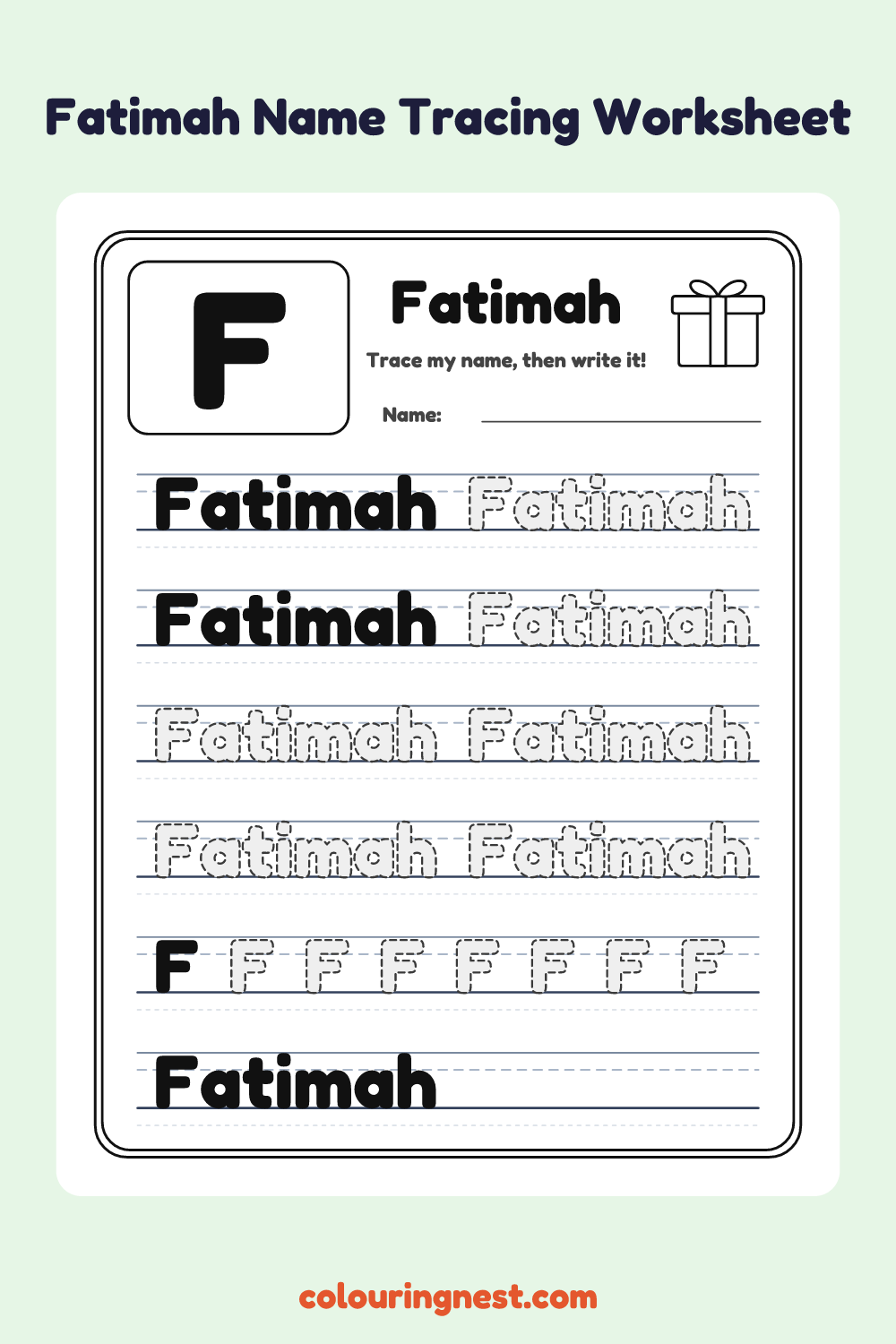 Fatimah Name Tracing Worksheet: free printable black-and-white line art